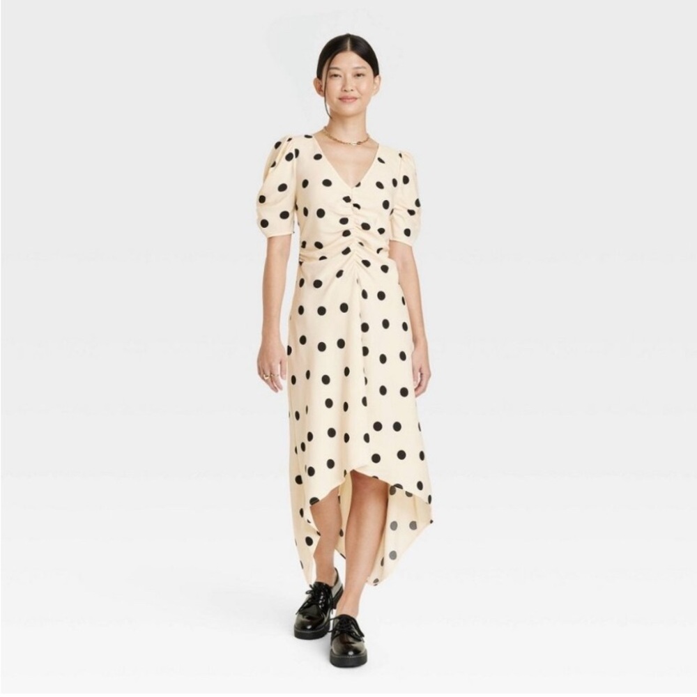A New Day Women’s L Cream Base Vintage-Style Crepe Short Sleeve Midi Polka Dot